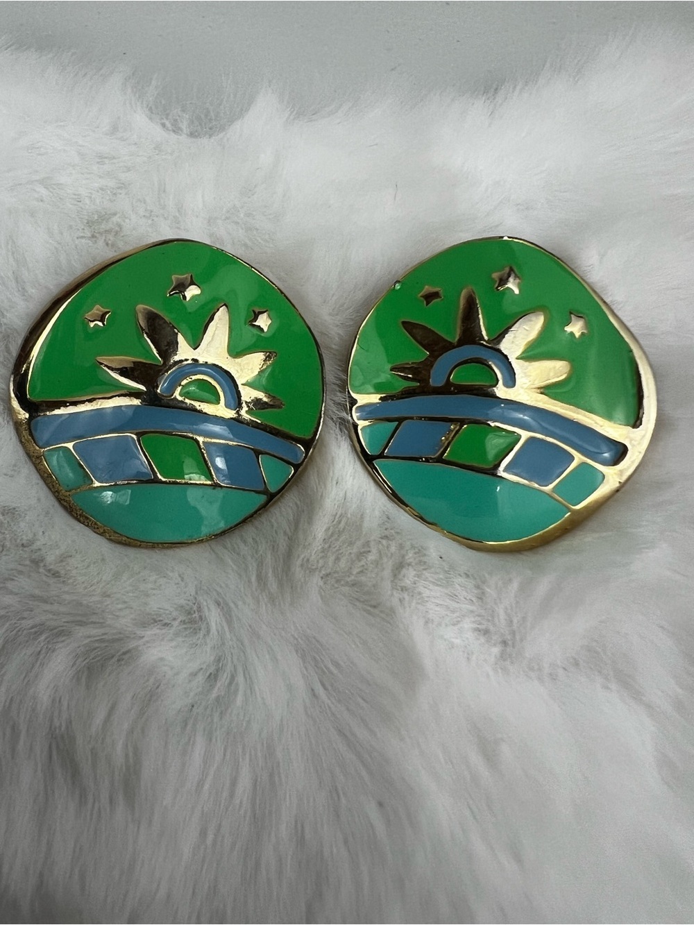 VTG 80s Green Blue Enamel Geometric Sun Landscape Post Earrings